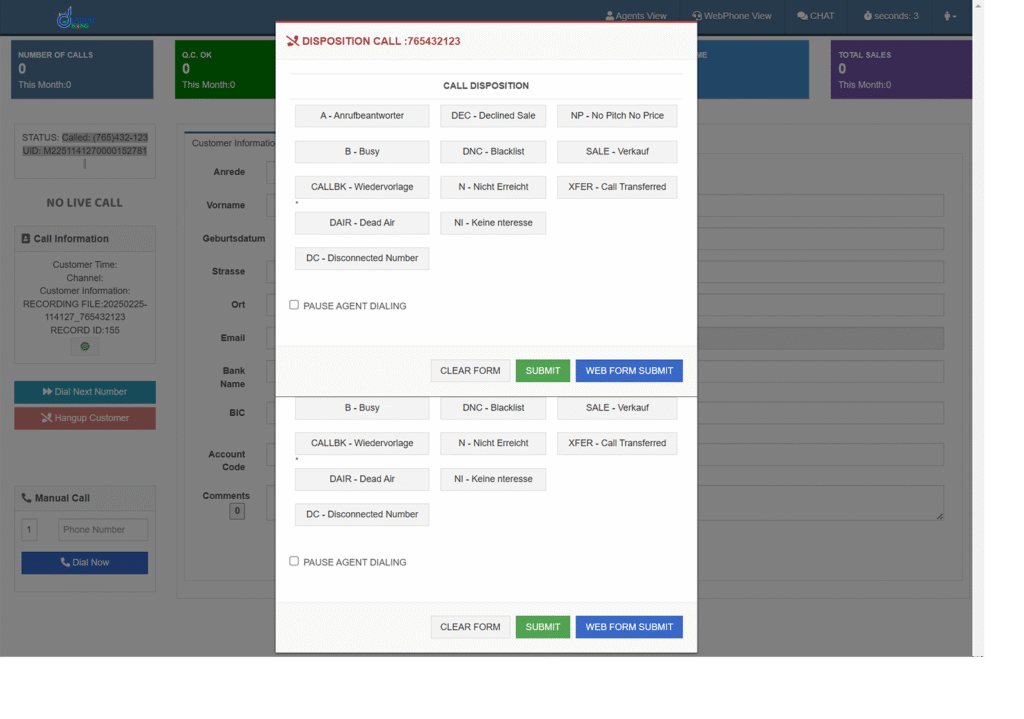 Agent call  ansering screen 