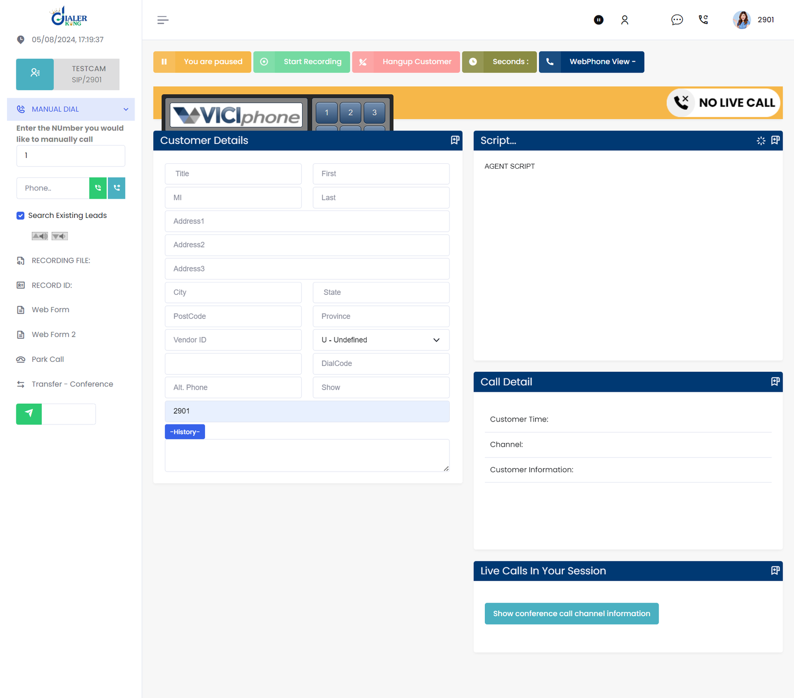 Contact Center Agent Calling Screen