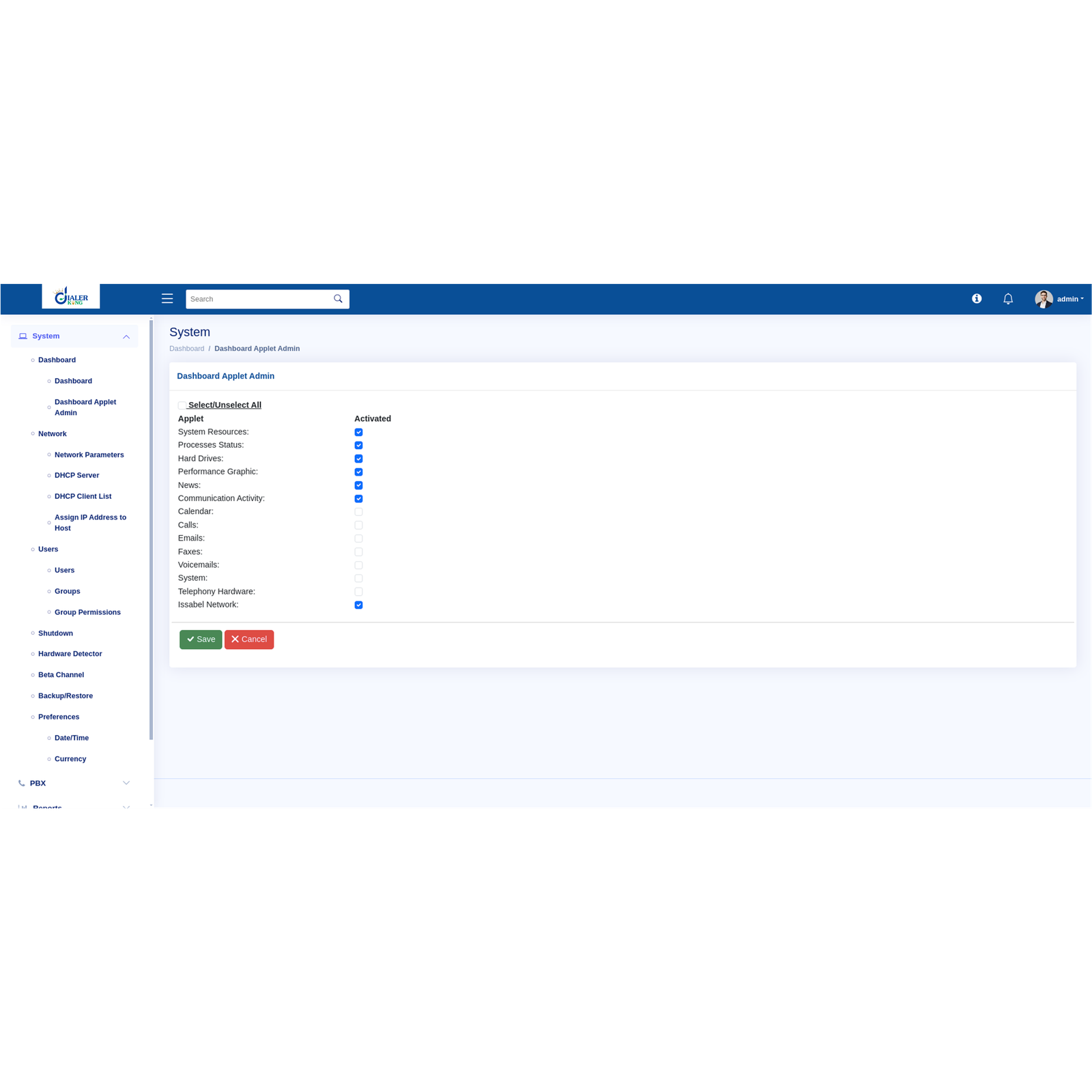 Dashboard Applet Admin