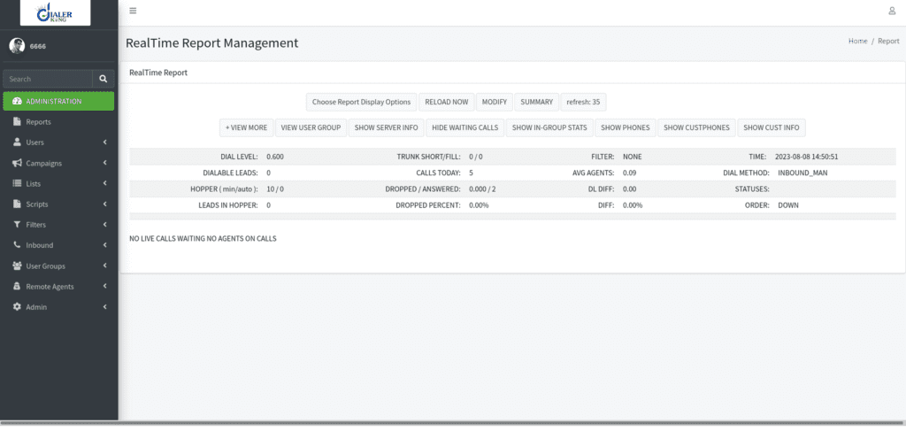 Contact Center Dialer Real time report
