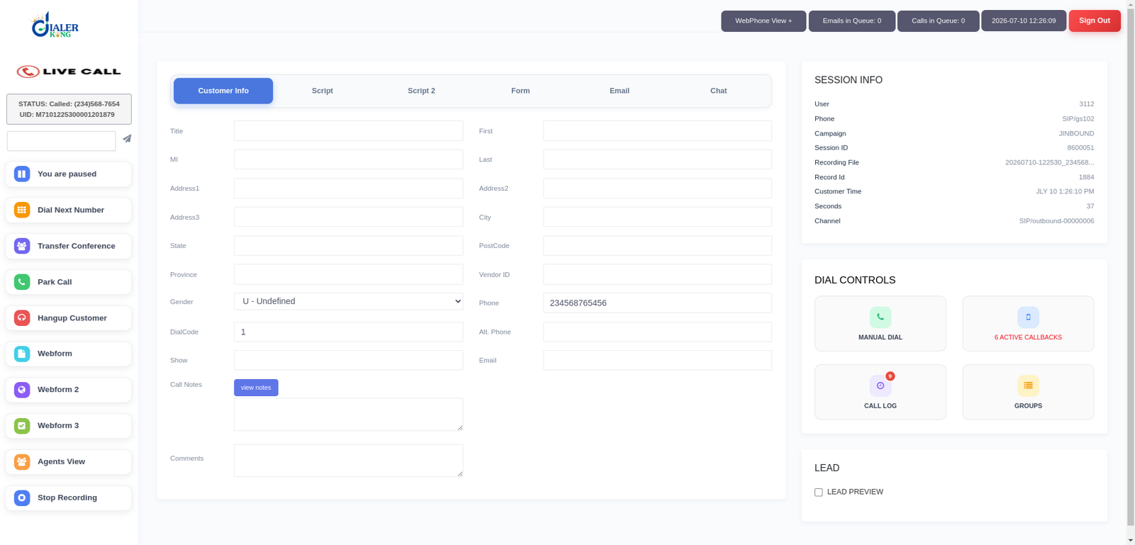 Agent Dashboard (Live Call)