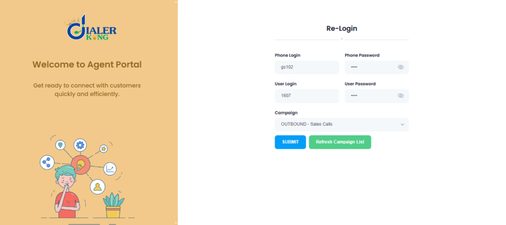 VICIdial agent login screen with phone login and campaign assignment