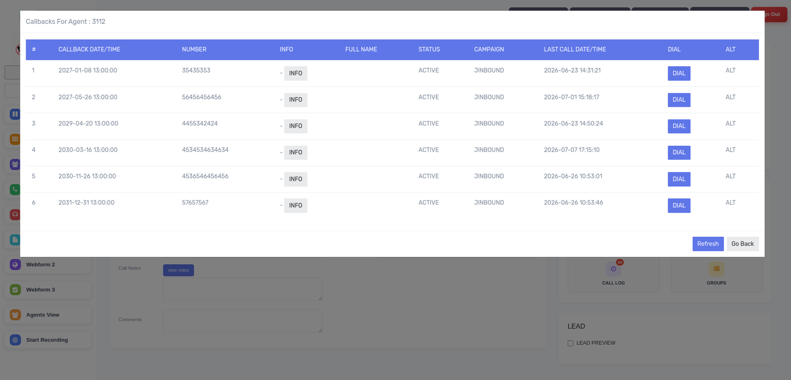 Active Callbacks Window