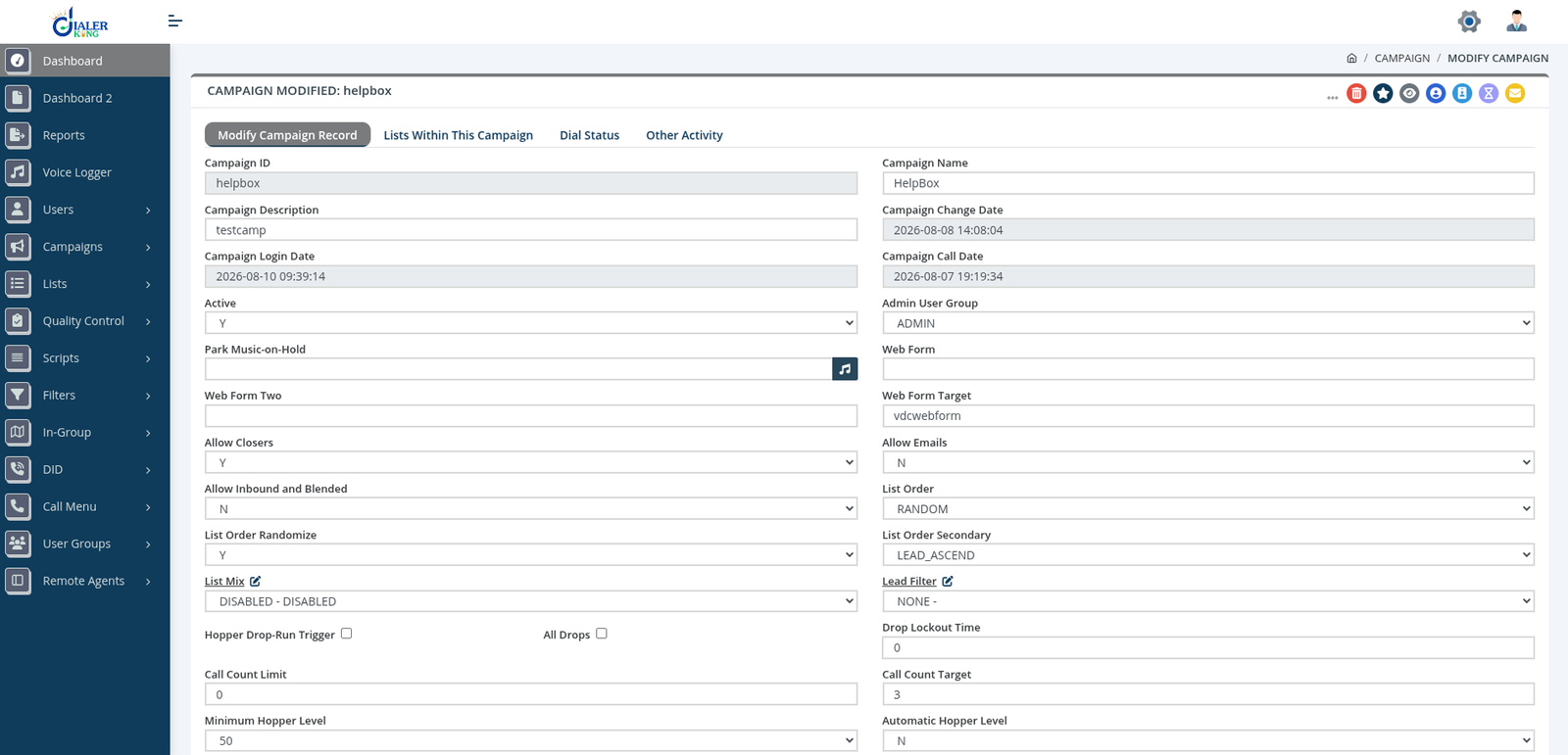 VICIdial Campaign Configuration Panel