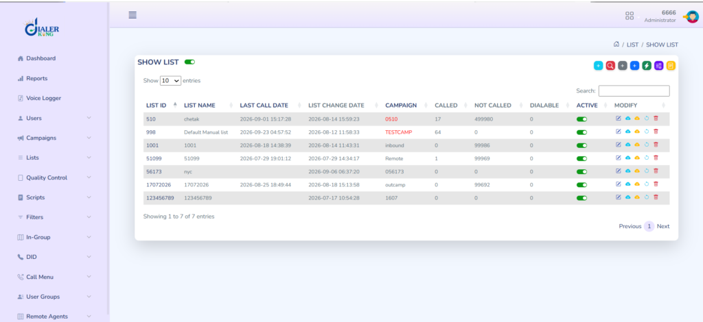 VICIdial Show Lists page displaying lead lists and counts