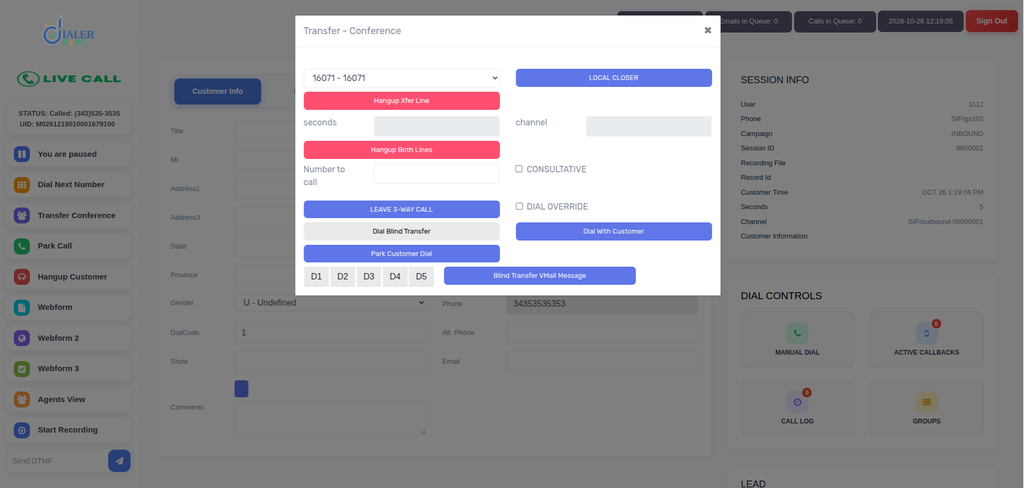 VICIdial Call Transfer Options Screen